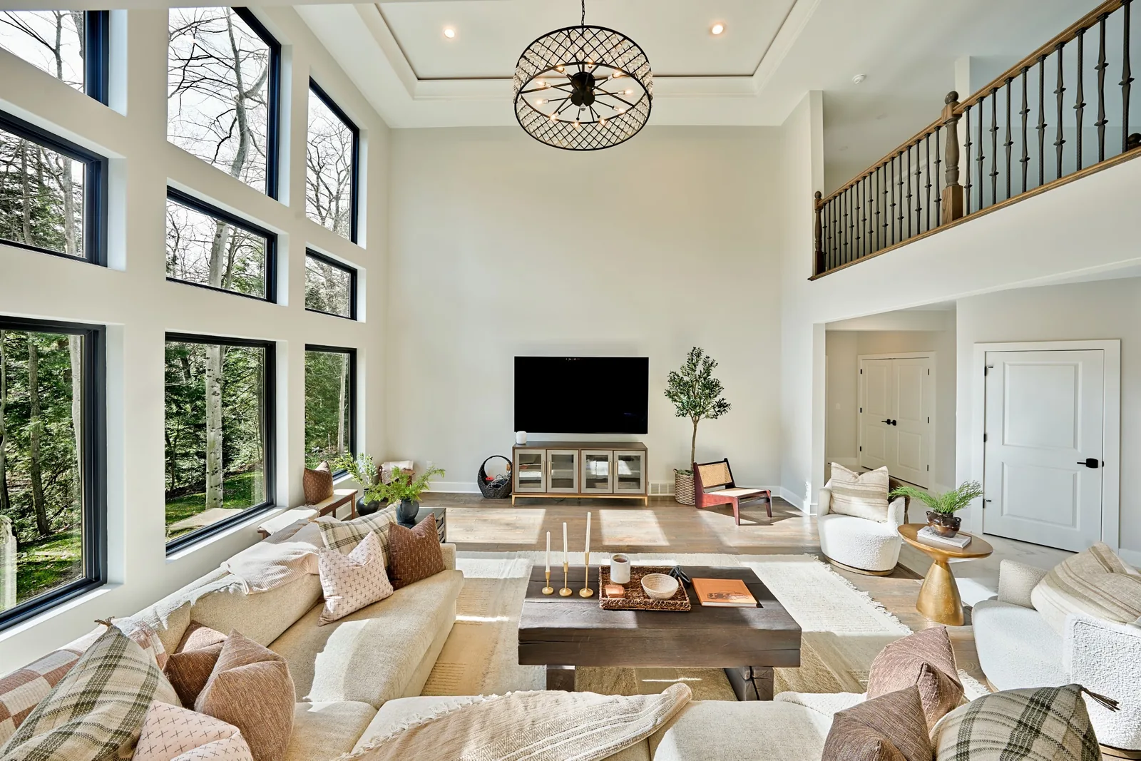 Light-filled living room with a fireplace