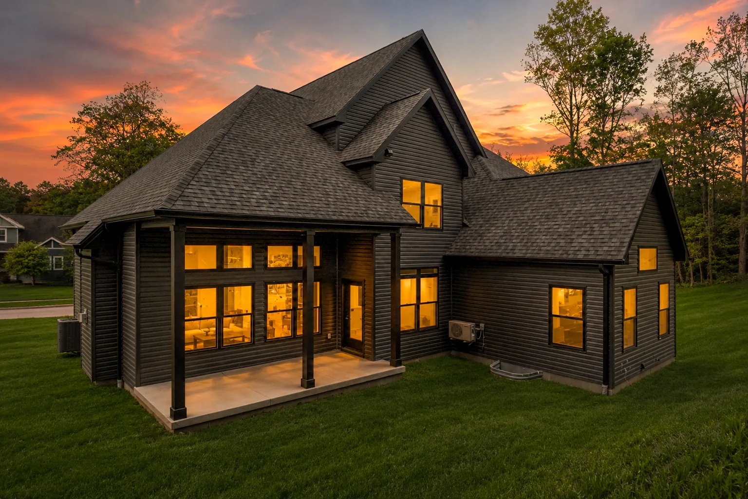 Custom home with warmly lit windows at sunset