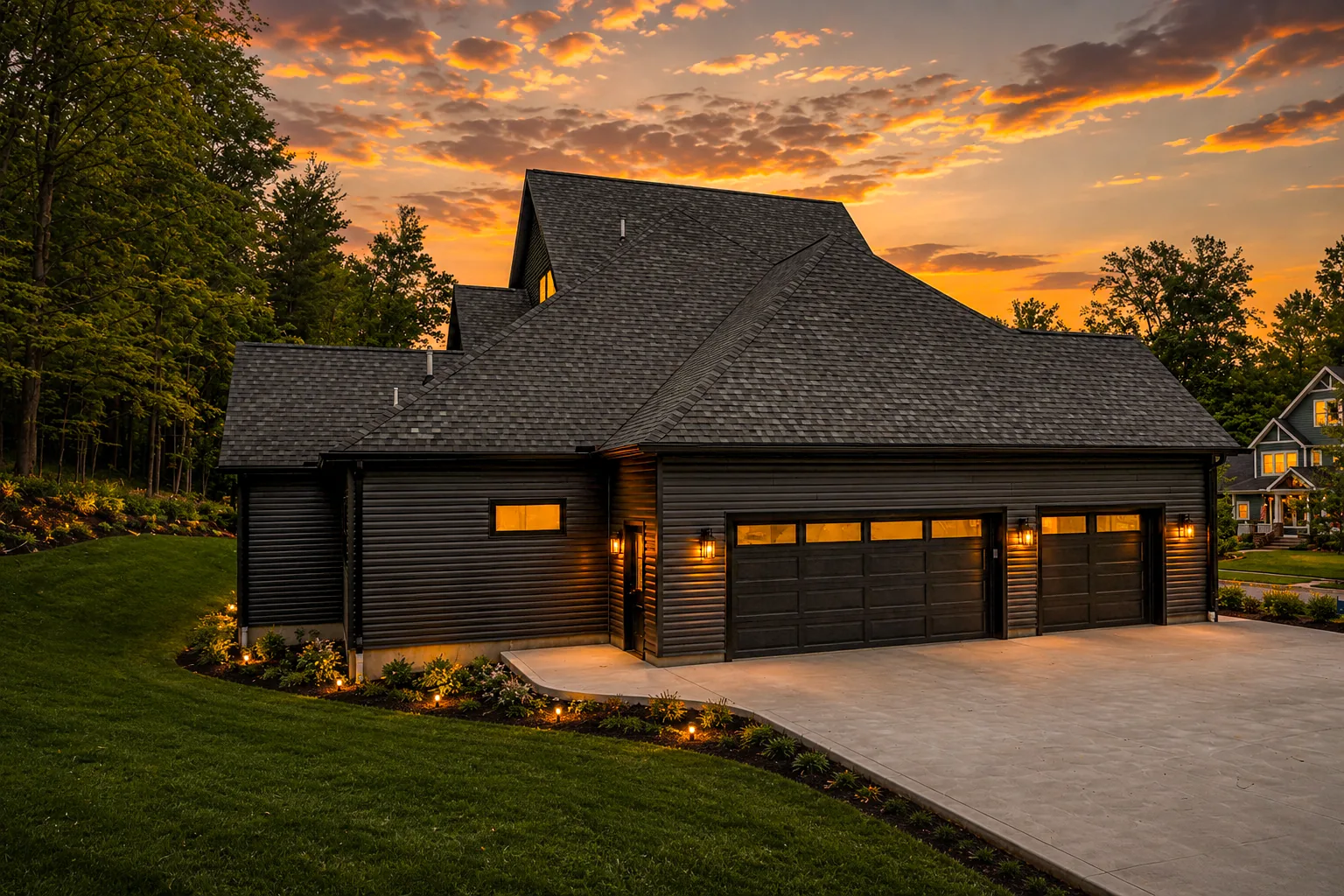 The Vista House — Garage elevation at sunset