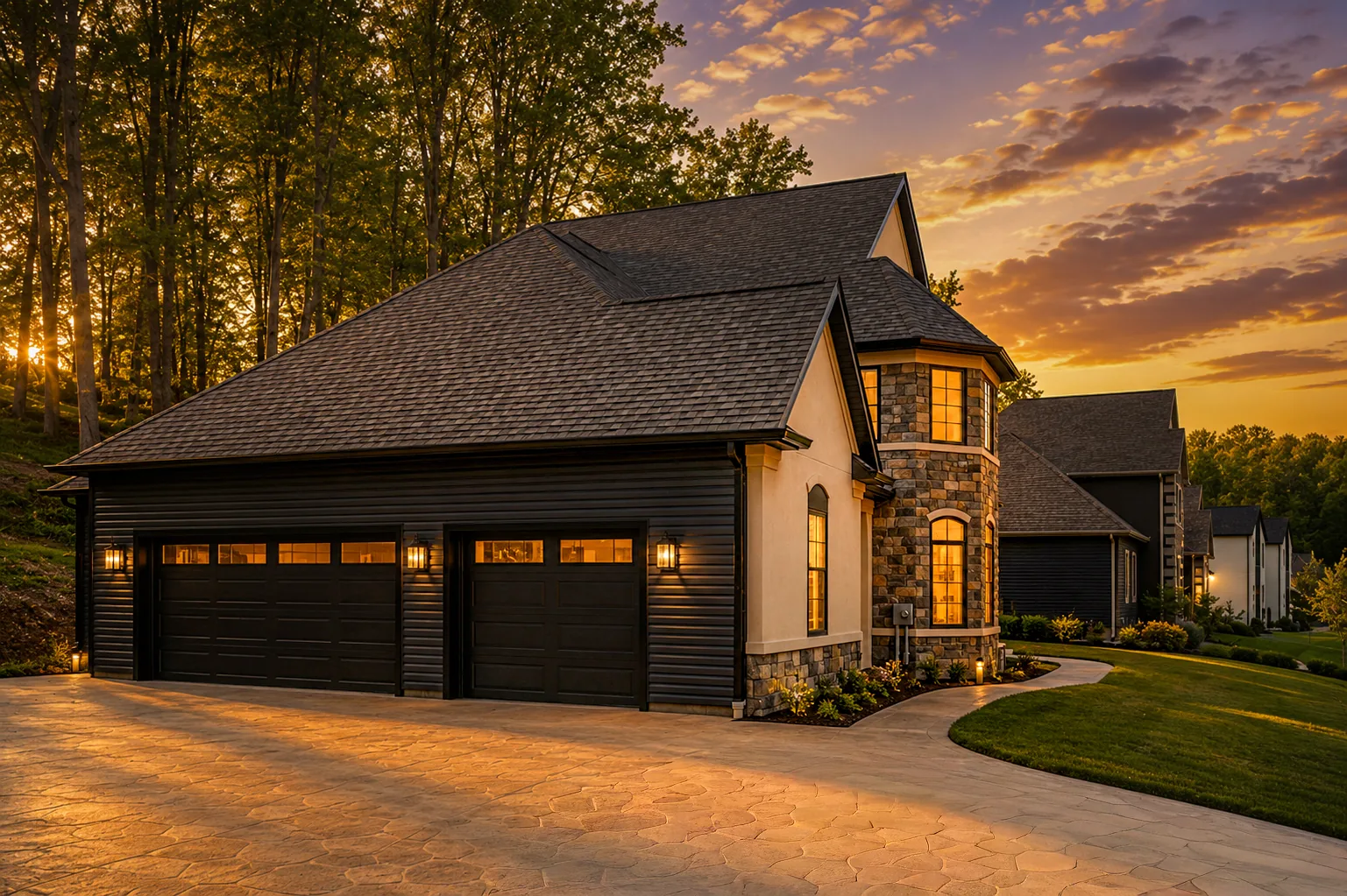 The Vista House — Garage exterior at sunset