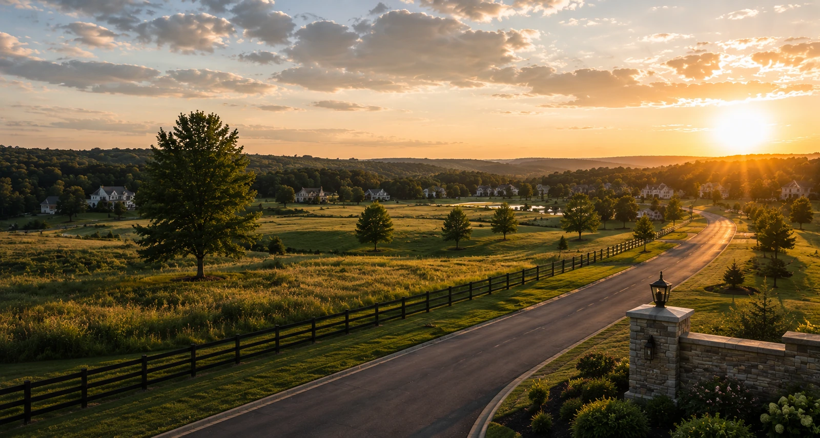 Sunset over a quiet neighborhood and open homesites