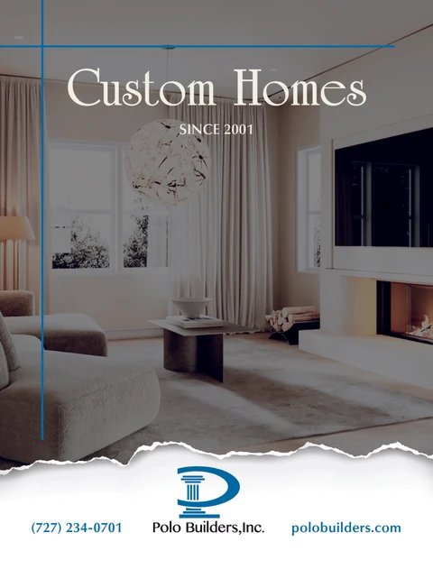 Custom Homes Since 2001 graphic showing a living room with a fireplace and globe pendant light.