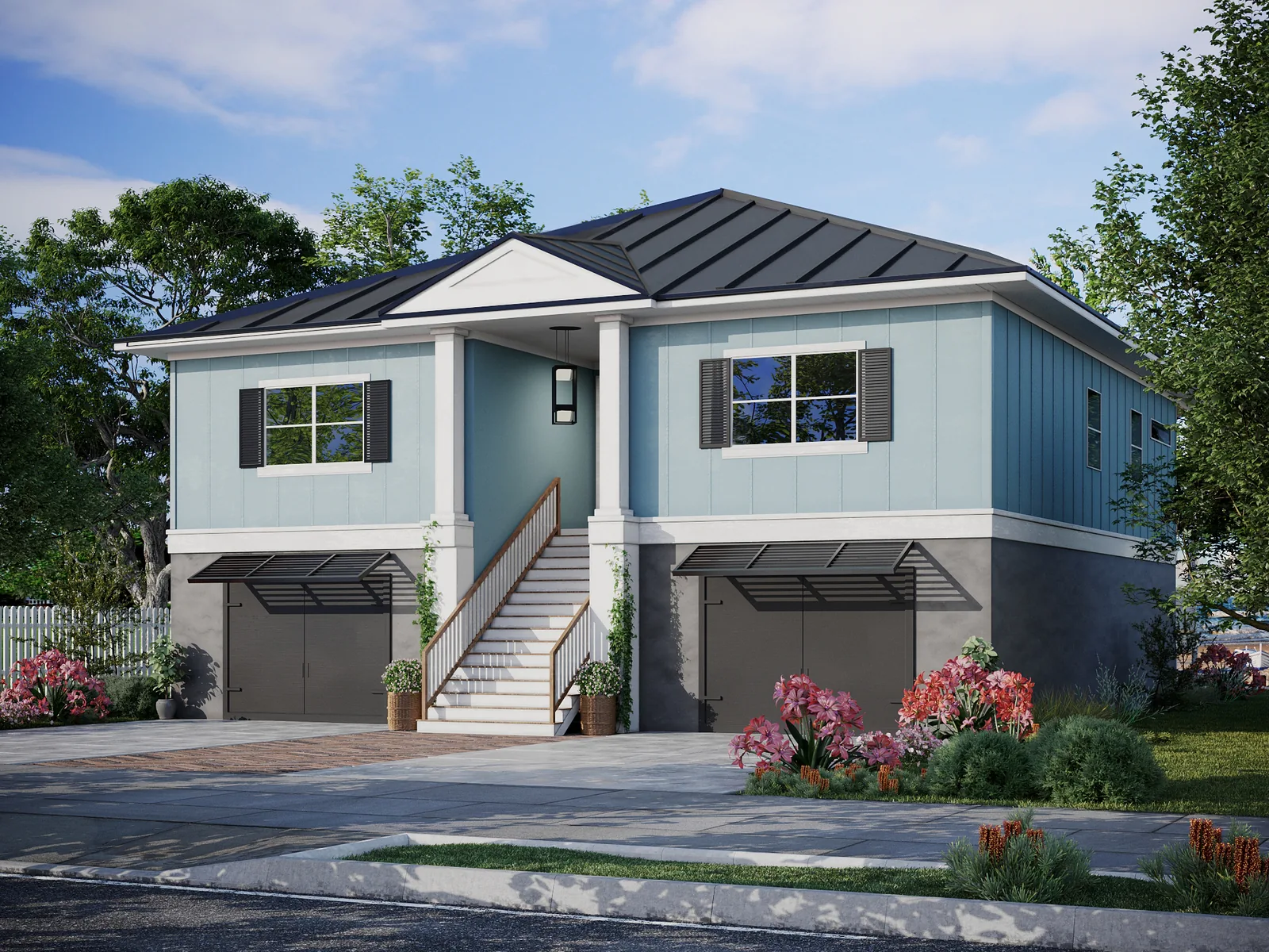 Exterior rendering of a raised blue-and-white home with central stairs and two ground-level garages.