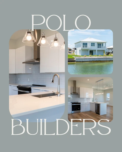 Polo Builders collage of white kitchens and a two-story waterfront home.