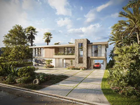 Modern two-story home with a stone entry tower, palm trees, and a red car under the right-side carport.
