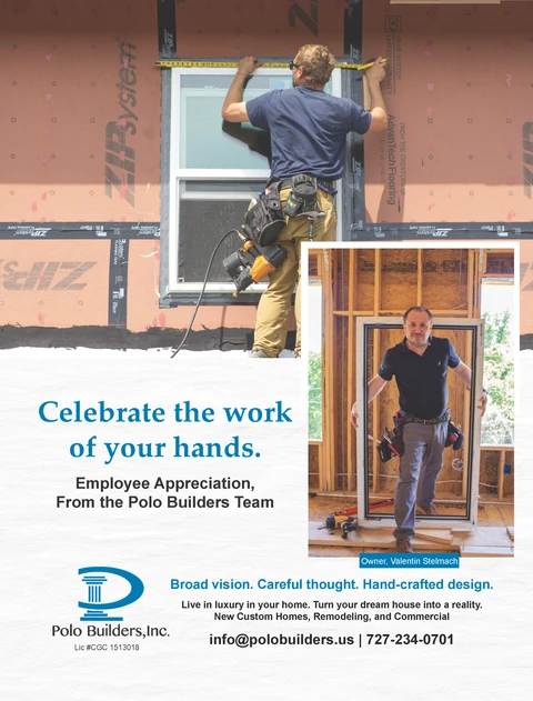 Employee appreciation graphic showing a worker measuring a window and an inset portrait labeled Owner, Valentin Stelmach.