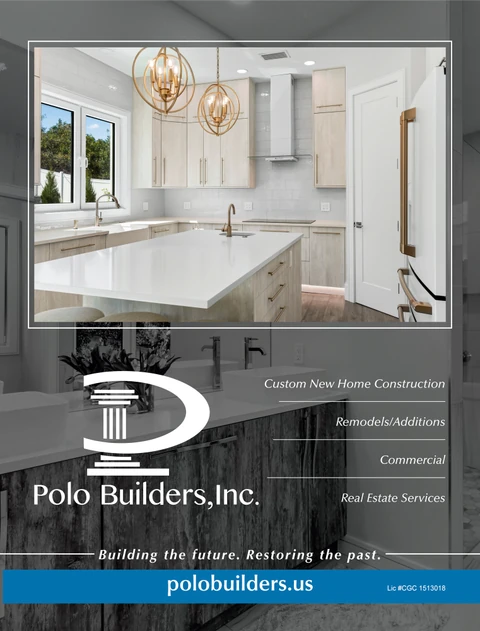 Polo Builders services graphic combining a bright kitchen with gold pendant lights and a bathroom background.