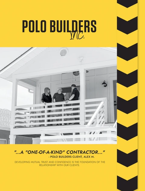 Three people standing on a white home's elevated porch in a yellow and black Polo Builders testimonial graphic.