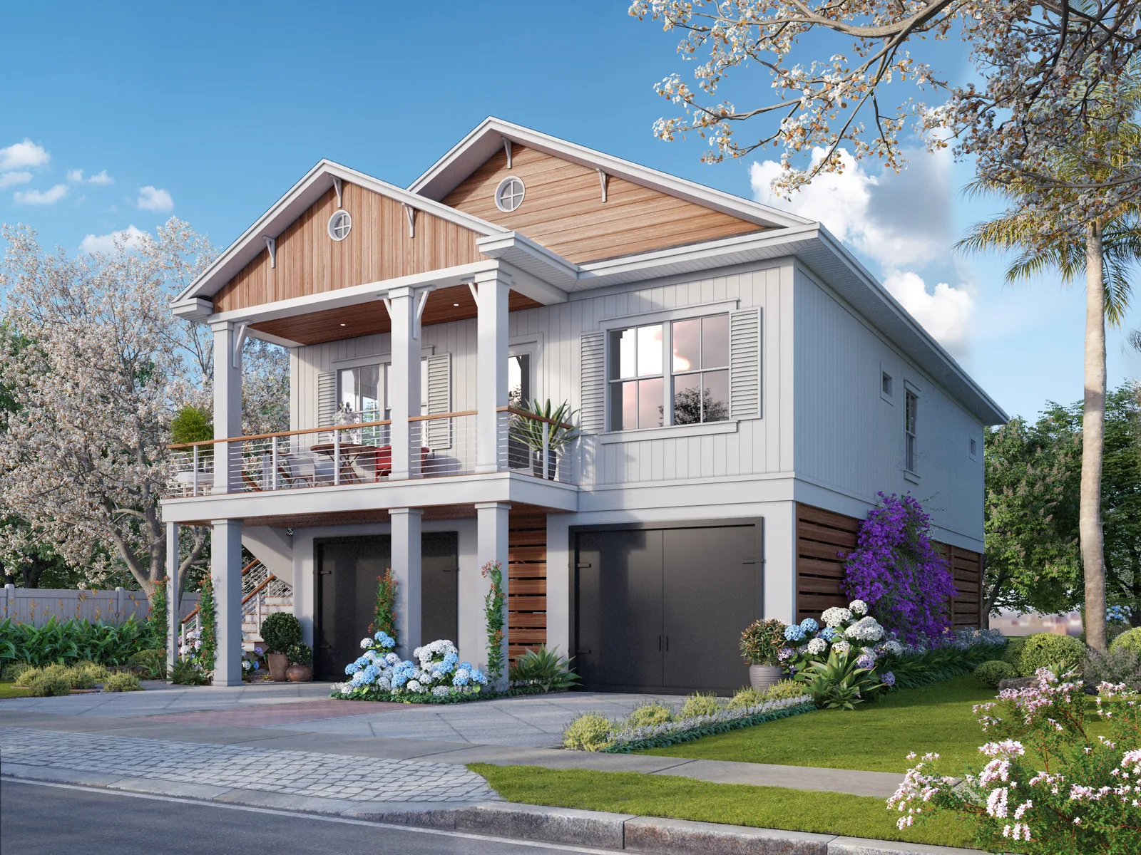 Exterior rendering of a raised coastal home with a front balcony, wood-toned gables and ground-level garages.