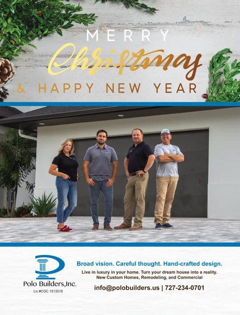 Christmas and New Year graphic showing four Polo team members outside a house beneath greenery and a gold greeting.