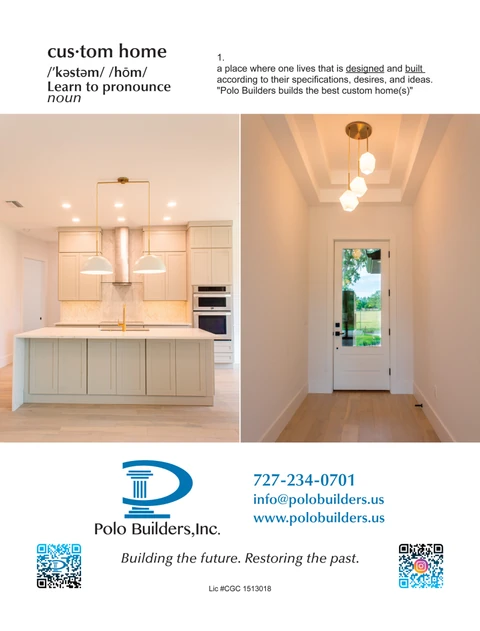 Custom-home definition graphic with side-by-side kitchen and entryway photos, contact details and two QR codes.