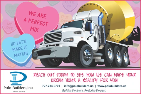 Valentine graphic showing a white and yellow concrete mixer truck against pink candy hearts.