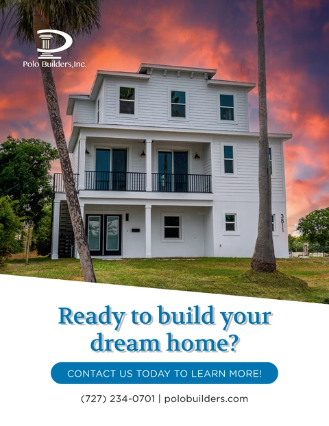 Polo Builders graphic showing a three-story white home between palm trees beneath a sunset sky.