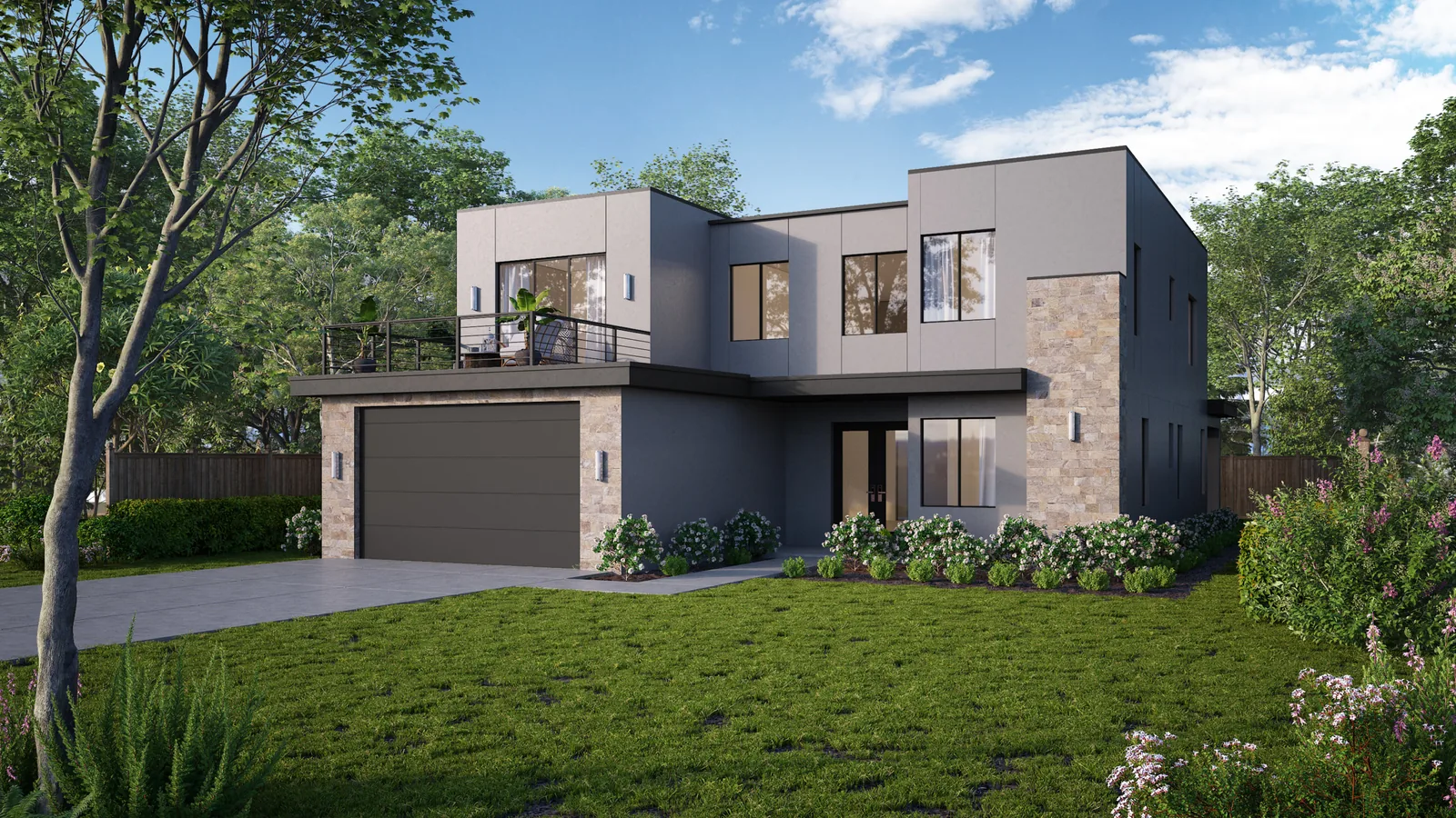 Exterior rendering of a two-story contemporary home with flat roofs, stone accents and a dark garage door.