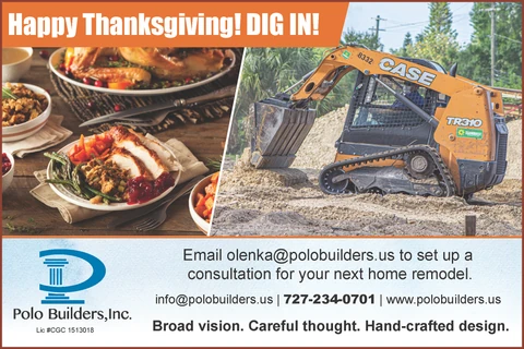 Thanksgiving graphic pairing a turkey dinner with a yellow tracked loader under a Dig In greeting.