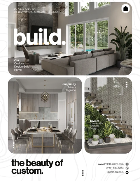 Polo Builders collage of a living room, dining area, and tiled plant display promoting custom home design.