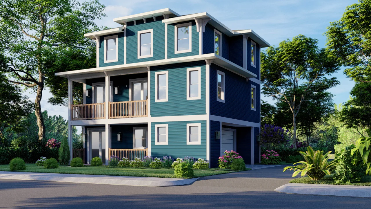 Exterior rendering of a tall blue coastal home with white trim and stacked front porches.