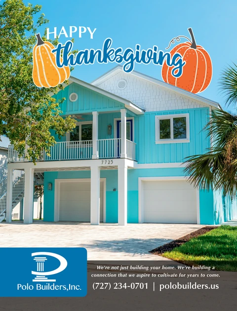 Thanksgiving graphic with illustrated pumpkins above a turquoise home with a balcony and garages.