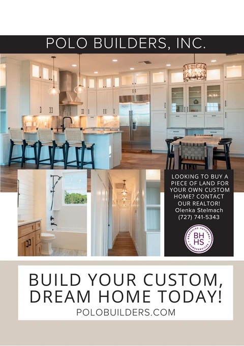 Polo Builders collage of a kitchen, bathroom and hallway with a custom-home and land-purchase promotion.