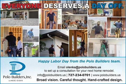 Labor Day collage showing the Polo team and workers measuring, framing, installing windows and finishing a kitchen.
