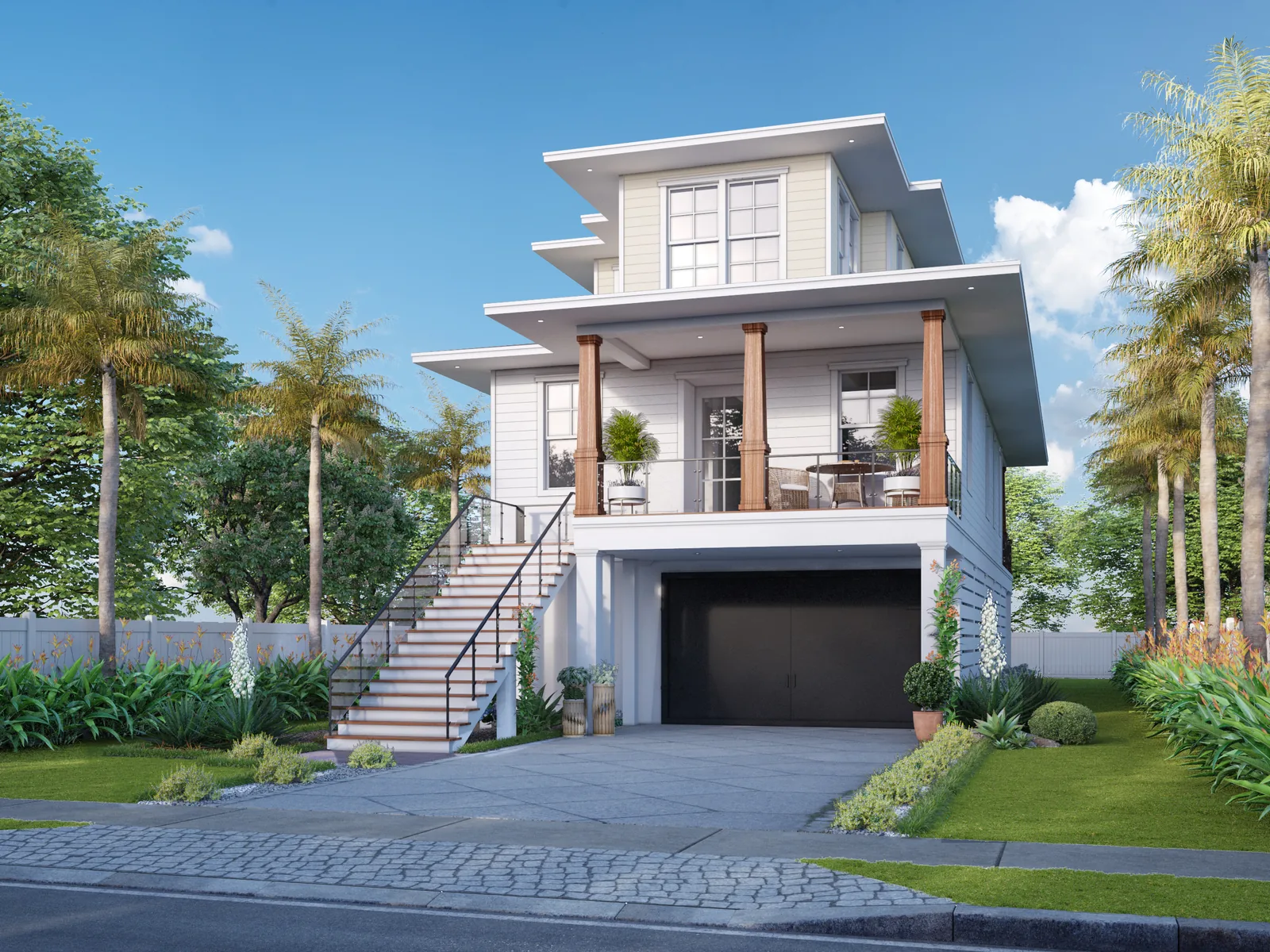 Exterior rendering of a raised white home with a front porch, exterior stairs and a dark garage door.