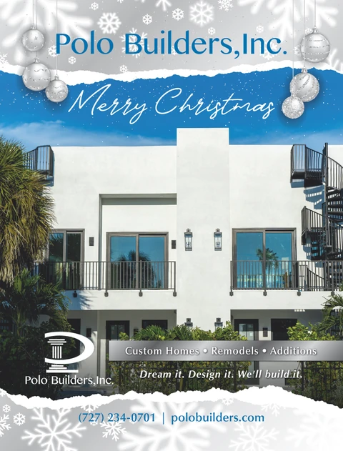 Christmas graphic with silver ornaments and snowflakes over a white home with balconies and spiral stairs.
