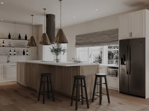 Kitchen with a wood island, three black stools, metallic pendant lights, and white cabinets.
