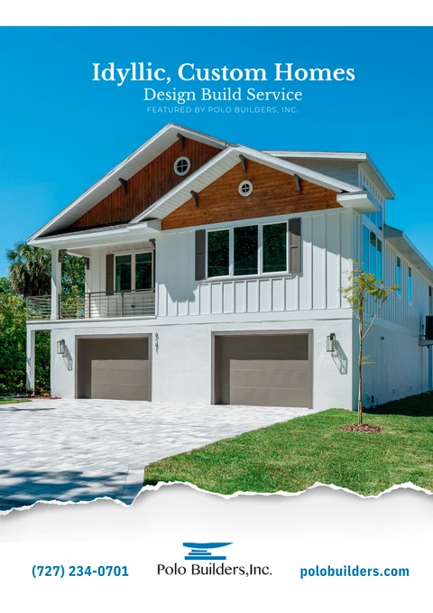 Polo Builders design-build graphic showing a raised white house with wood gables and two garage doors.