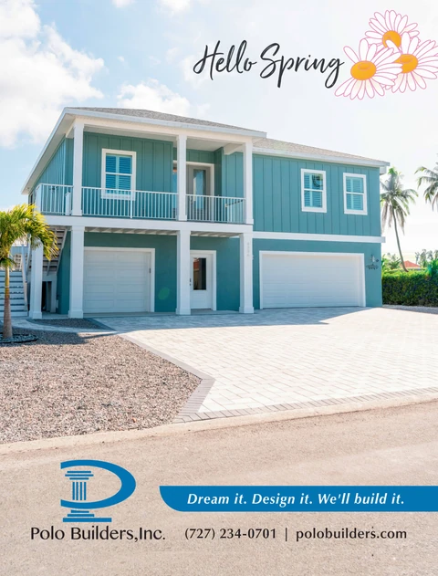 Hello Spring graphic showing a turquoise elevated home with white trim, garage doors and illustrated daisies.
