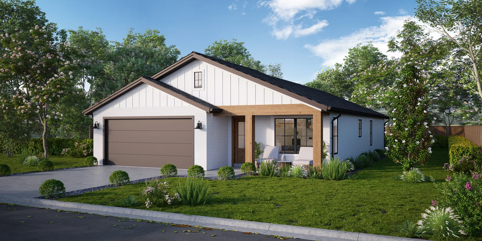 Exterior rendering of a single-story white home with a covered entry and brown garage door.