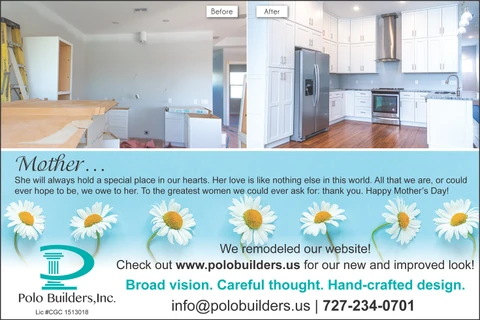 Mother’s Day graphic with kitchen before-and-after photos, white daisies and a greeting on a blue background.