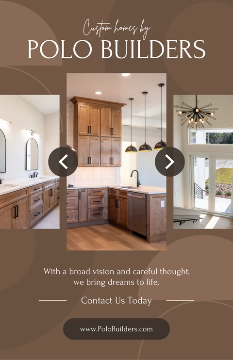 Polo Builders custom-home graphic showing a bathroom vanity, wood kitchen cabinets, and a tall-windowed stairwell.