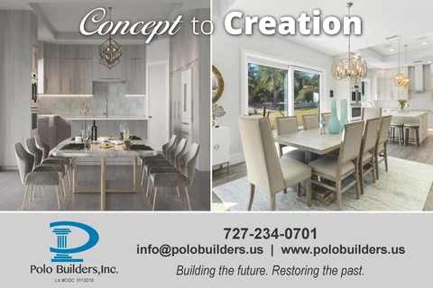 Concept to Creation graphic with two kitchen and dining room interiors above historic contact details.