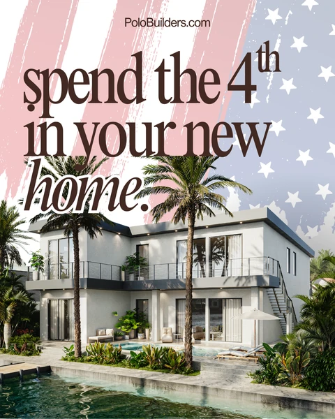 Fourth of July homebuilding graphic with stars and stripes above a waterfront home and pool.