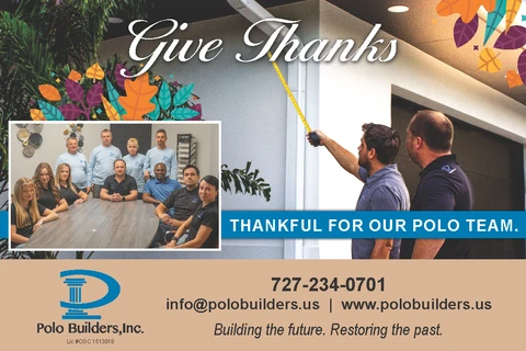 Thanksgiving graphic showing two men measuring an exterior wall and an inset photo of the Polo team.