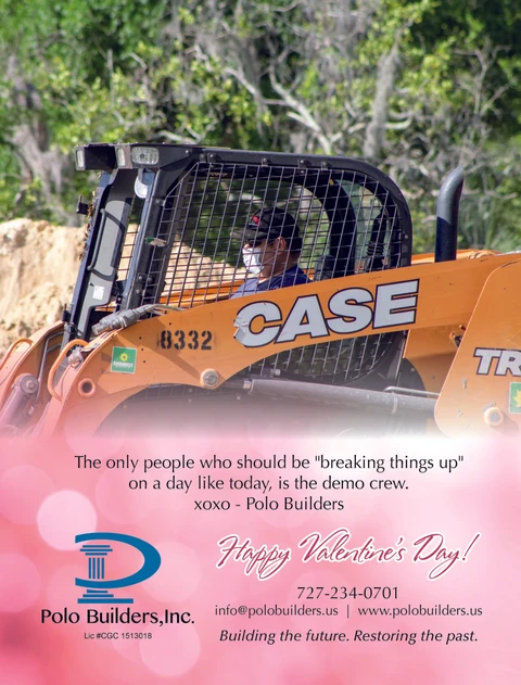 Valentine graphic showing a worker in an orange loader above a pink greeting about the demolition crew.