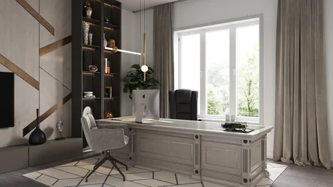 Home office with a large desk, computer, illuminated display shelves, and tall curtained windows.