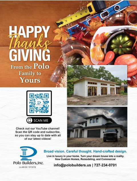 Thanksgiving graphic with construction tools, autumn decorations, two house photos and a QR code.