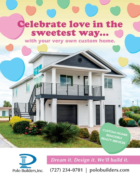 Valentine graphic with colorful candy hearts around a raised white home with dark railings.