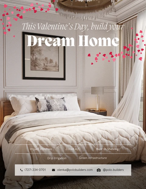 Valentine’s Day graphic showing a cream bedroom with a chandelier and pink hearts, promoting a dream home.
