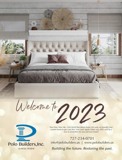 Welcome to 2023 graphic showing a neutral bedroom with a tufted headboard and woven wall decorations.