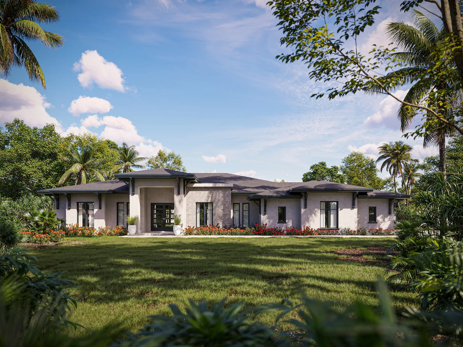 Exterior rendering of a single-story home surrounded by lawn, mature trees and palms.