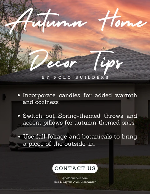 Autumn decorating tips over a home and driveway at sunset.