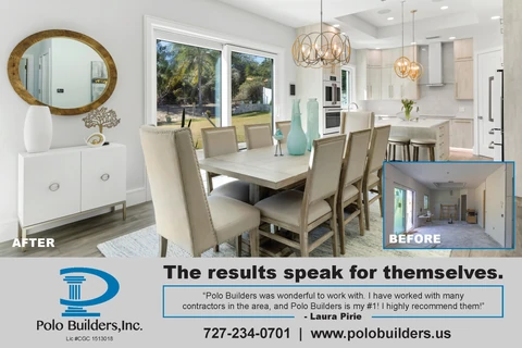 Remodeling testimonial graphic showing a bright kitchen and dining room with a smaller before photo.