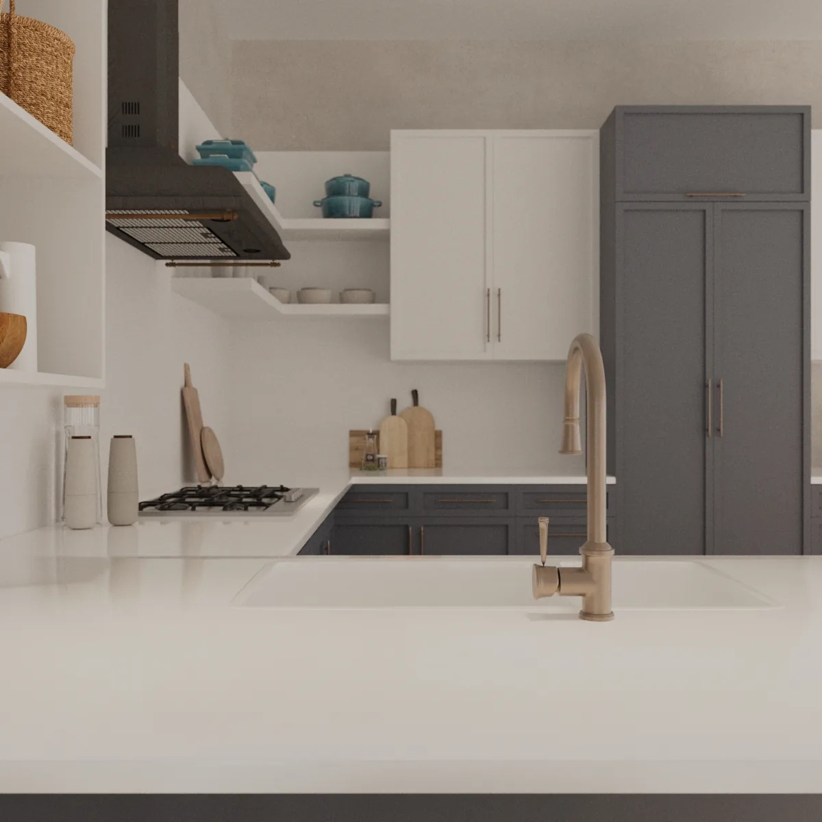 Kitchen with white cabinetry, a broad white countertop and a gray refrigerator.