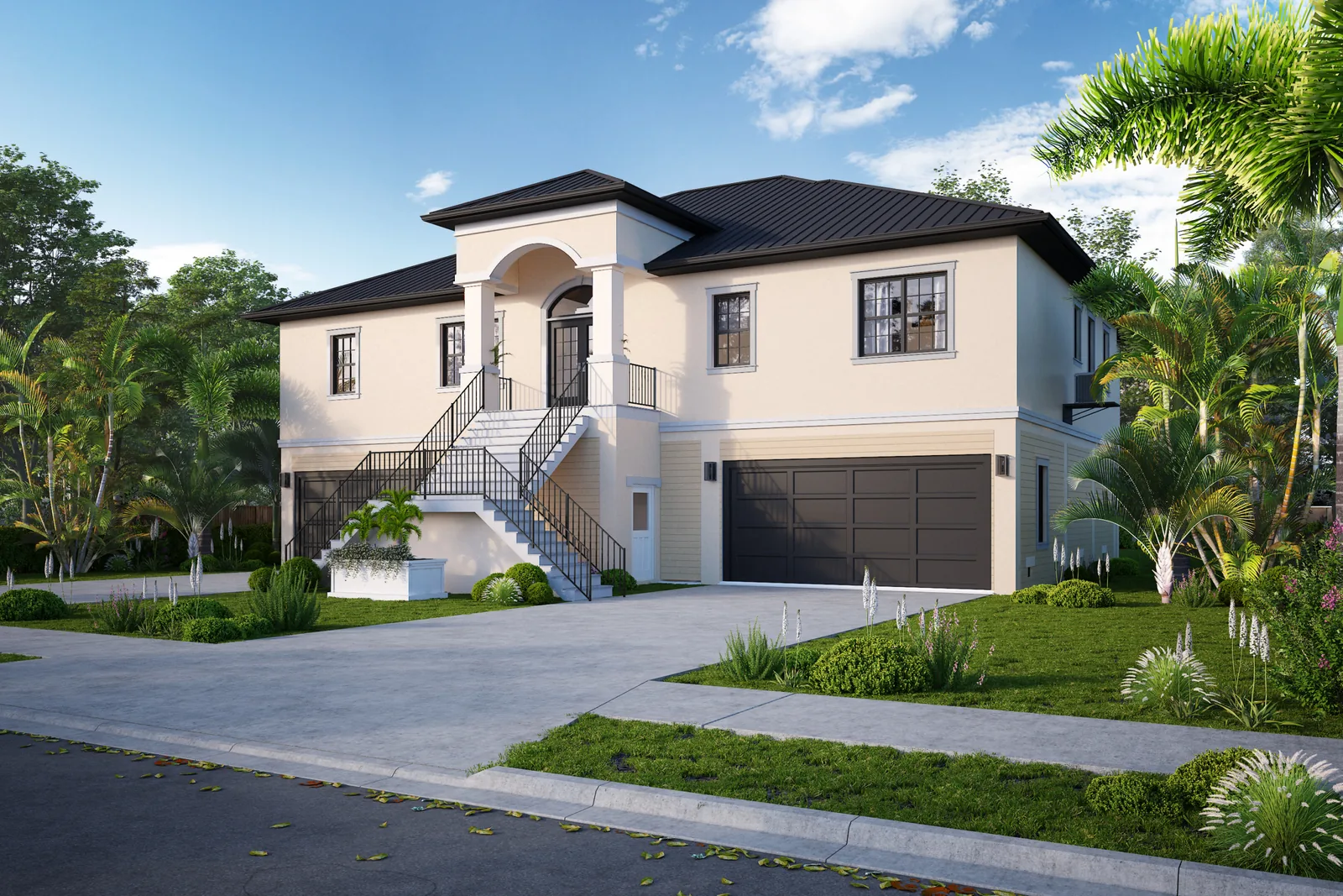 Exterior rendering of a raised cream-colored home with a central exterior stairway and ground-level garage.