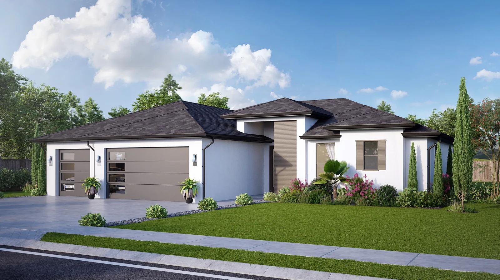 Exterior rendering of a single-story white home with dark hipped roofs and an attached garage.