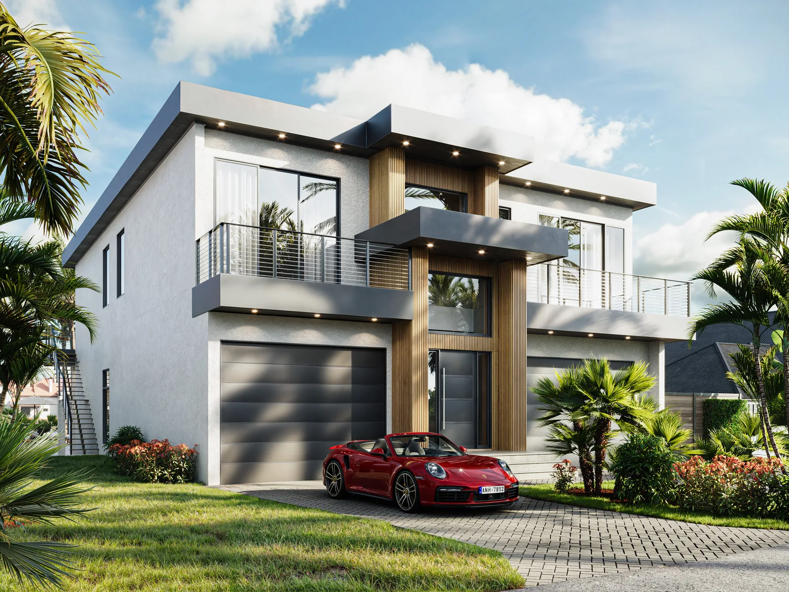 Exterior rendering of a contemporary white home with an upper balcony and a red car in the driveway.