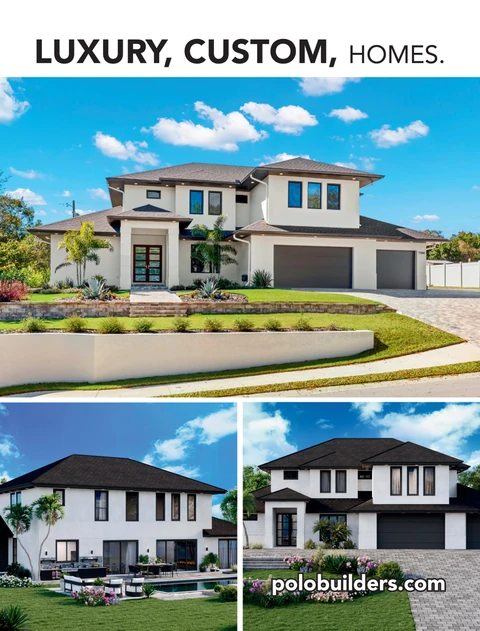 Luxury custom homes collage showing a two-story house and two architectural exterior views.
