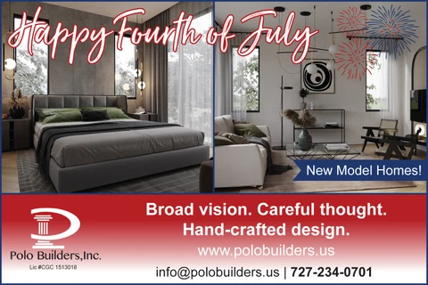 Fourth of July graphic showing a bedroom and living room beneath a greeting and illustrated fireworks.